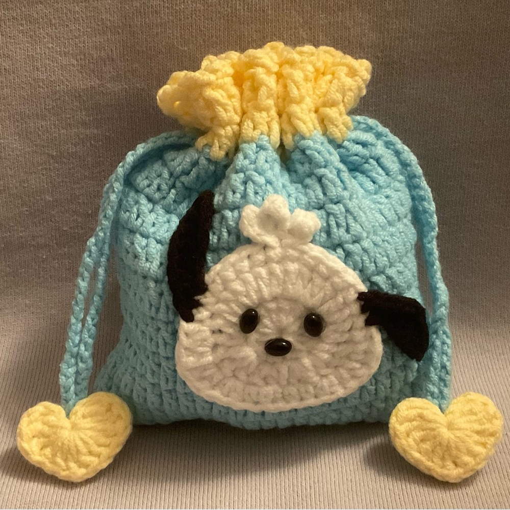 Handmade Crochet drawstring bag Pochacco inspired